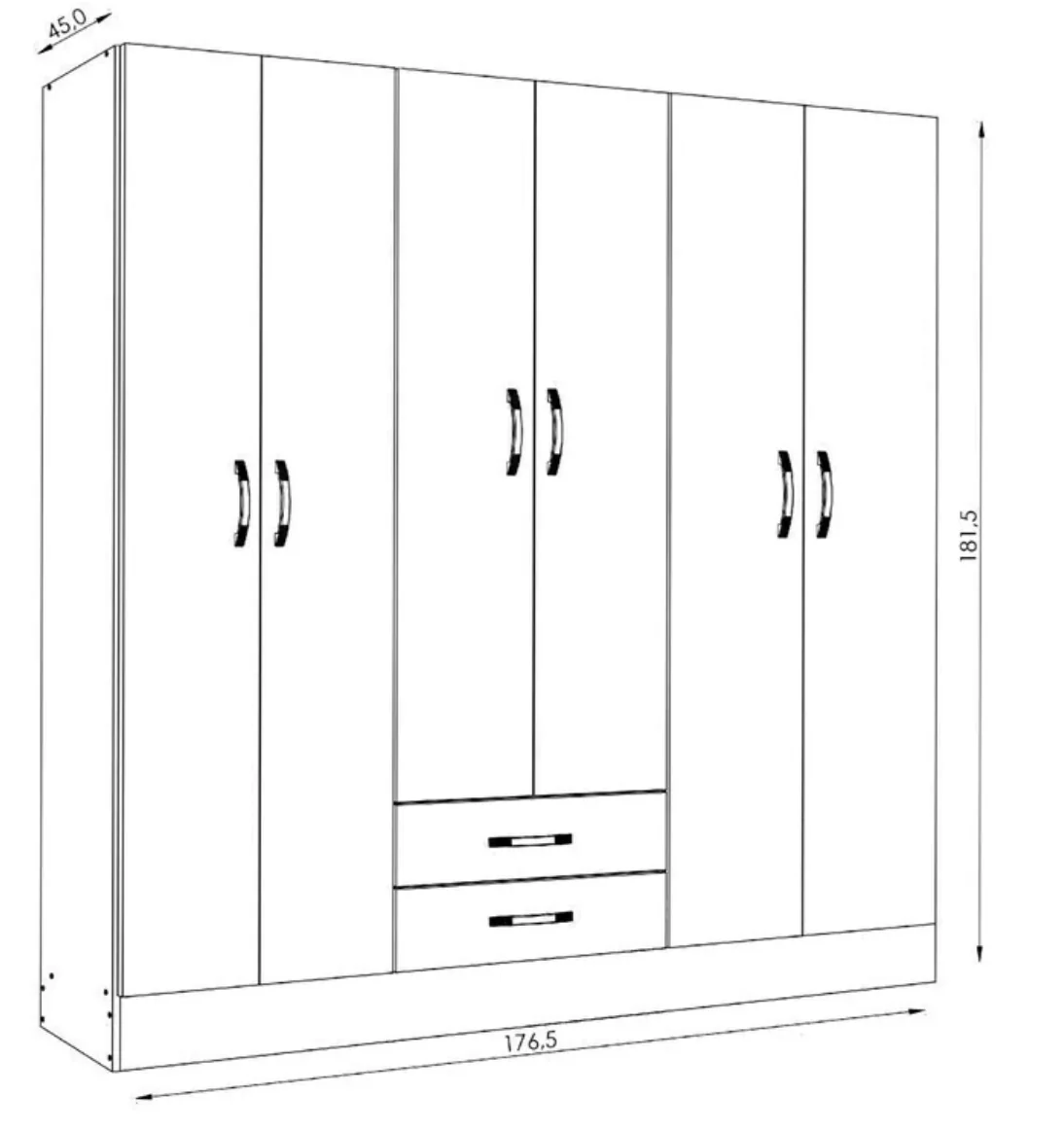 Placard 180 cm, 6 puertas, 2 cajones